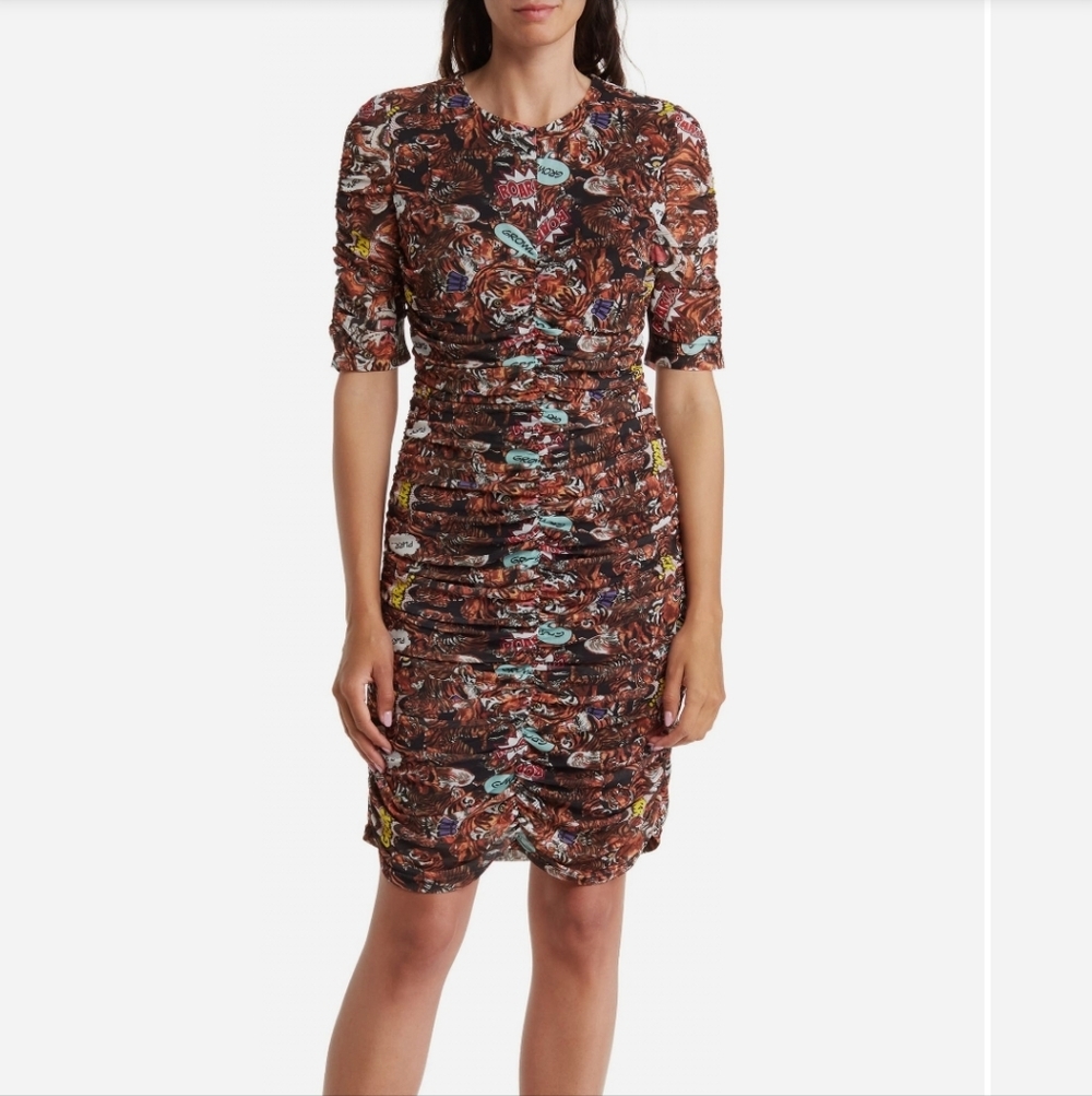 Nicole Miller Brown Multi-Print Ruched Midi Dress